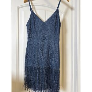 Two Sisters Blue Lace Fringe V Neck Spaghetti Strap Mini Dress Size S